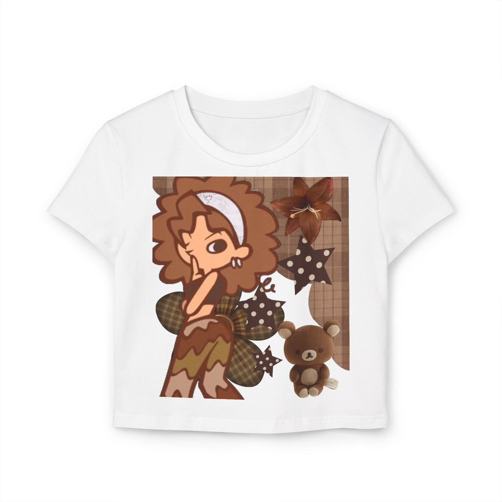 Cute Brown Cartoon Girl & Teddy Baby Tee — Vintage Plaid Aesthetic