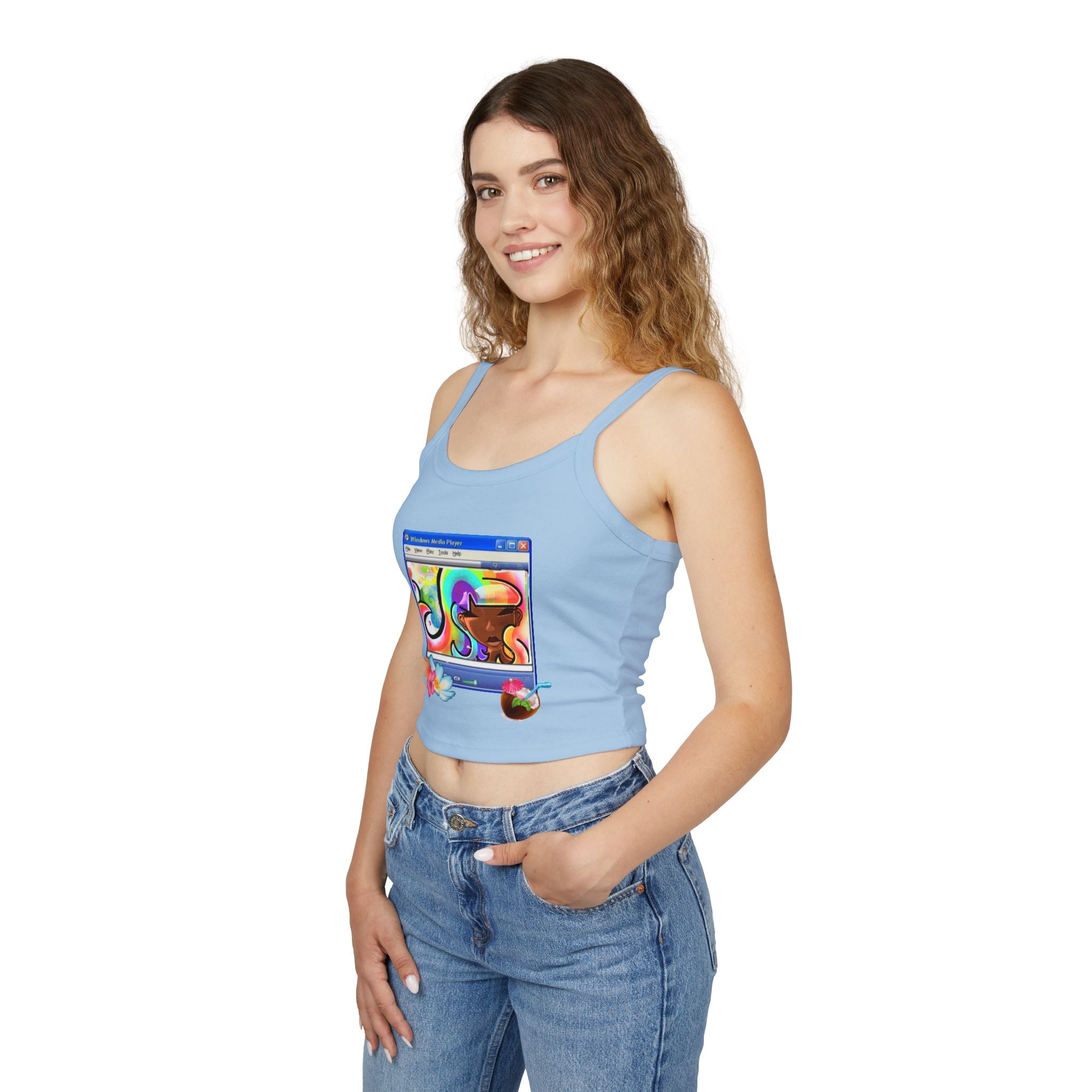 Retro Media Player Graphic Tank — Vaporwave Tropical Crop Top