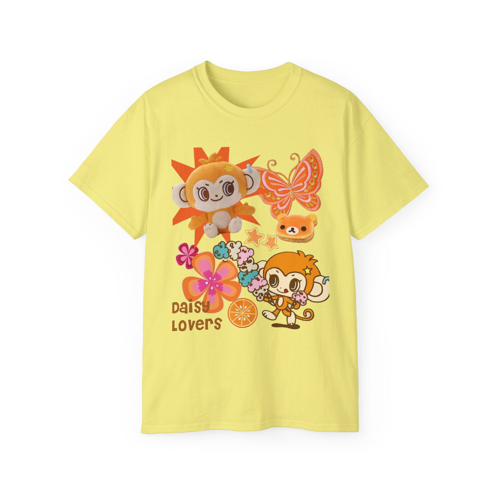 Cute Orange Monkey Graphic Tee — "Daisy Lovers" Floral Cartoon T-Shirt