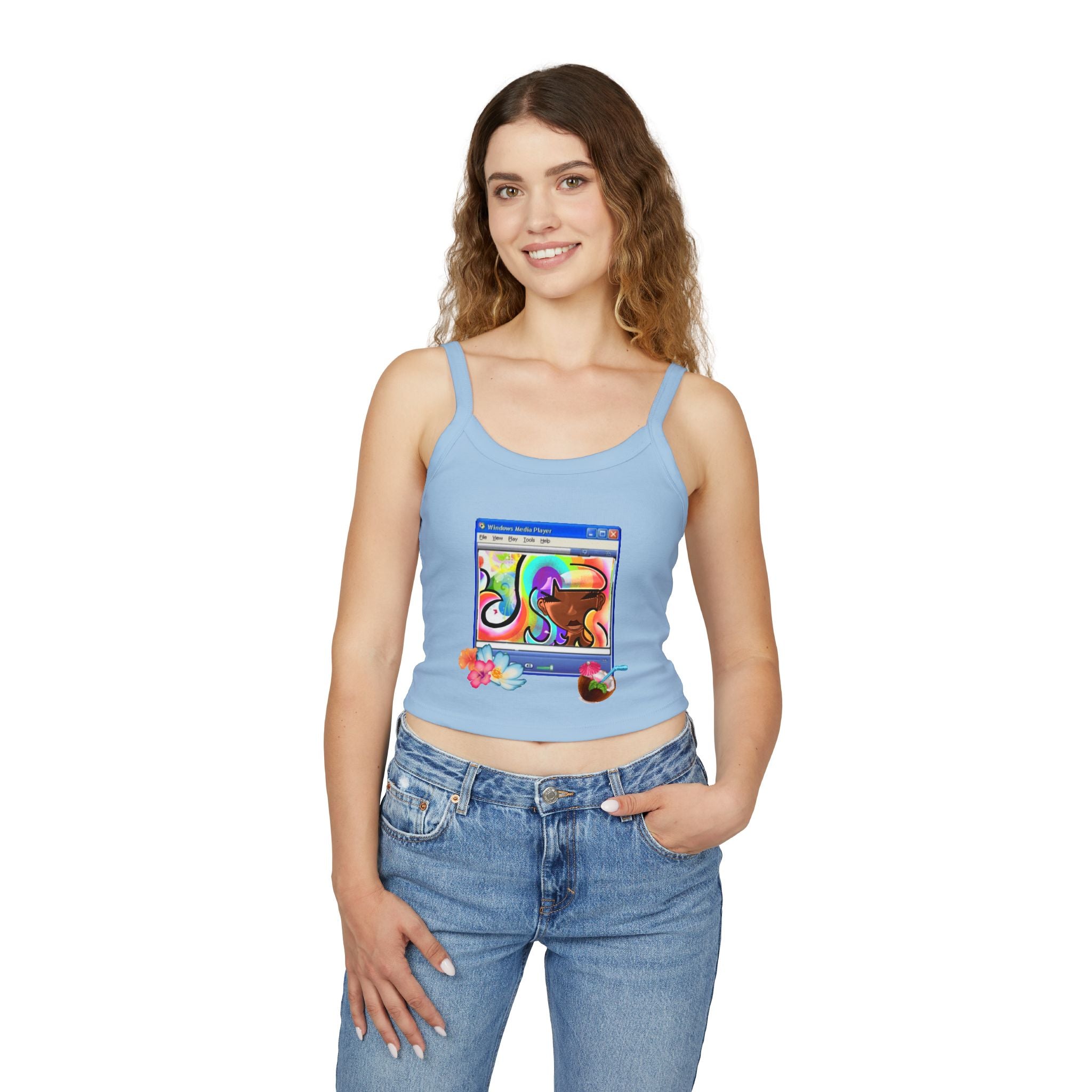 Retro Media Player Graphic Tank — Vaporwave Tropical Crop Top