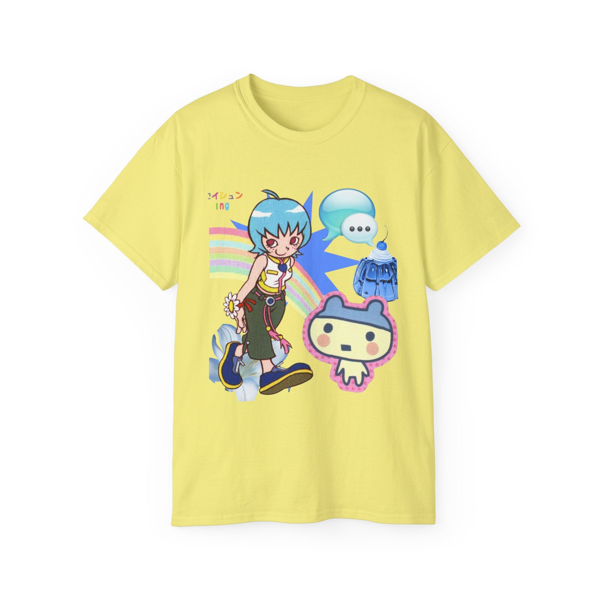 Kawaii Anime Sticker Collage Tee – Cute Blue-Haired Character & Cartoon Companion Shirt