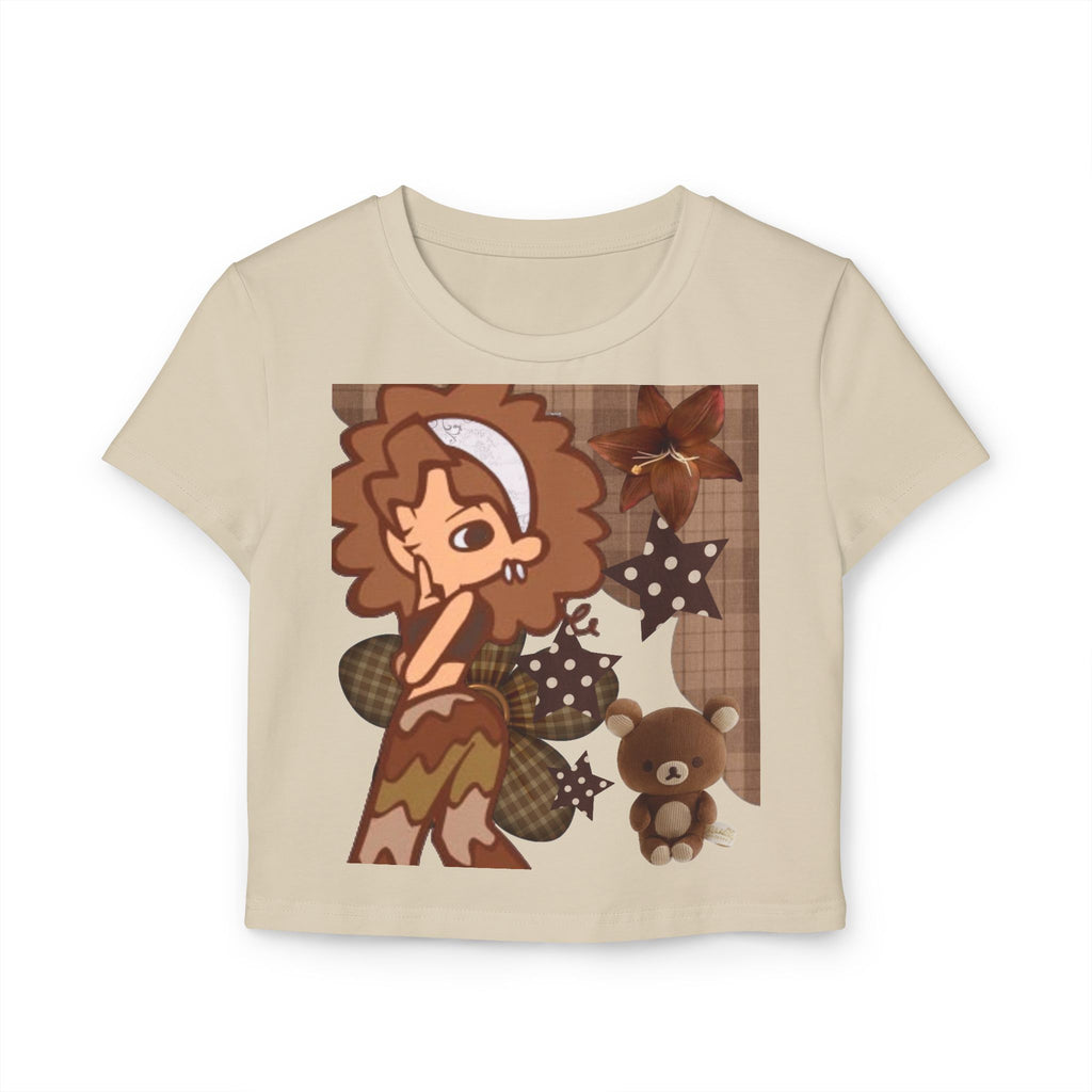 Cute Brown Cartoon Girl & Teddy Baby Tee — Vintage Plaid Aesthetic