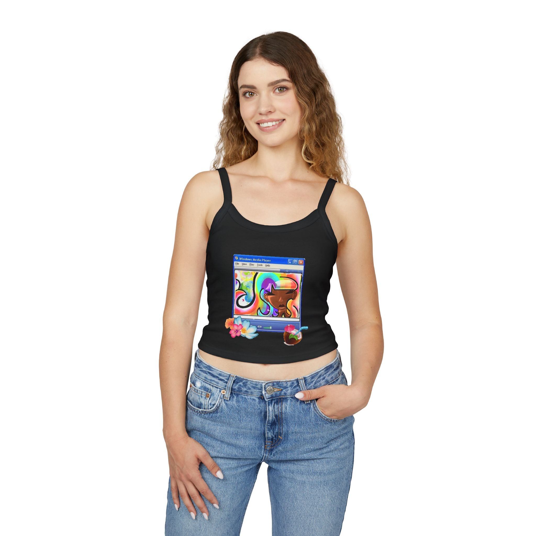 Retro Media Player Graphic Tank — Vaporwave Tropical Crop Top