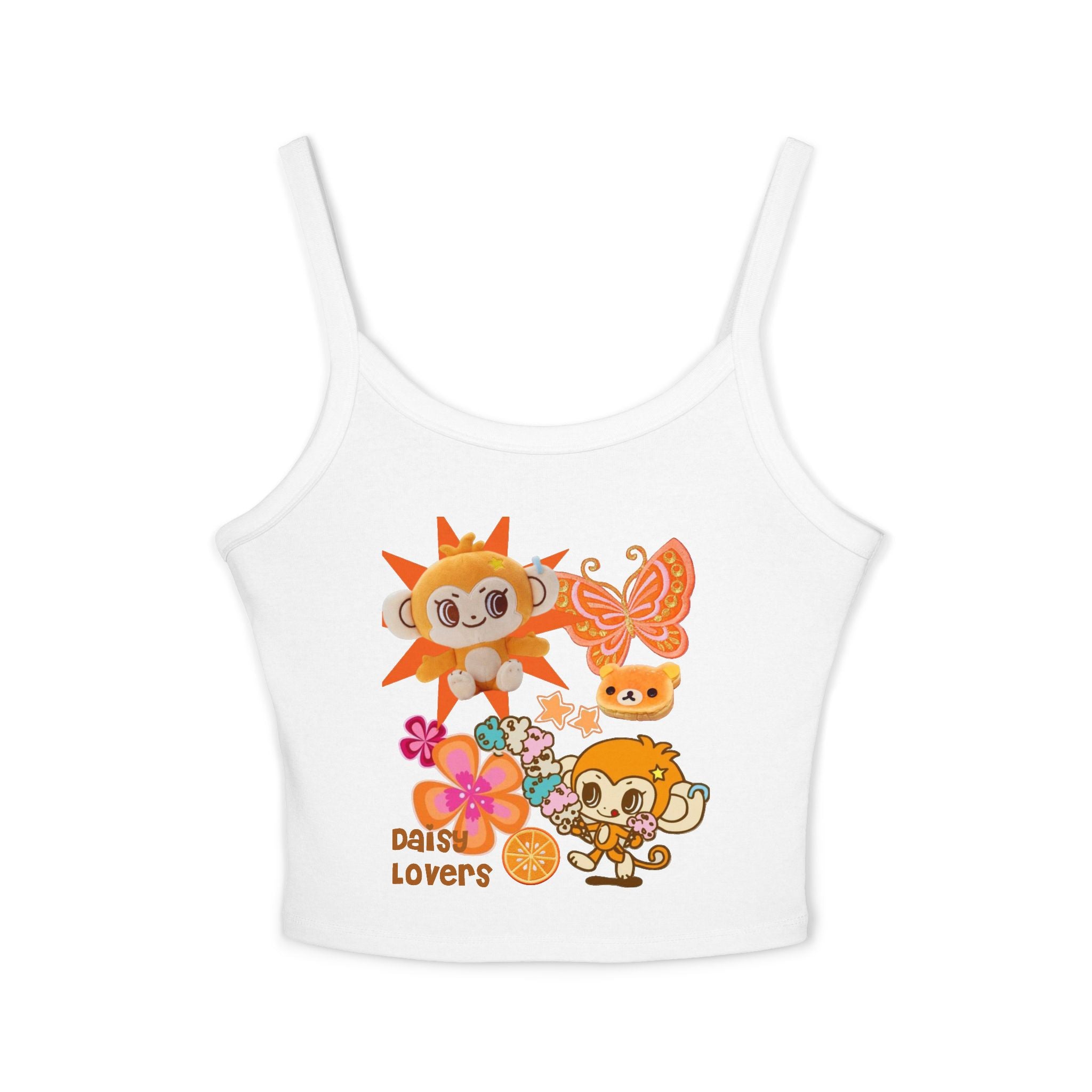 Sunshine Doodles Crop Tank Top — Cute Orange Monkey & Floral "Daisy Lovers" Design